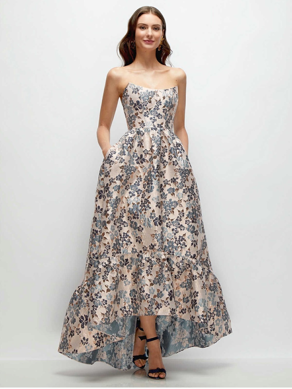 Dessy 3148GIB Cosette High-Low Evening Dress in Gilt Indigo Brocade